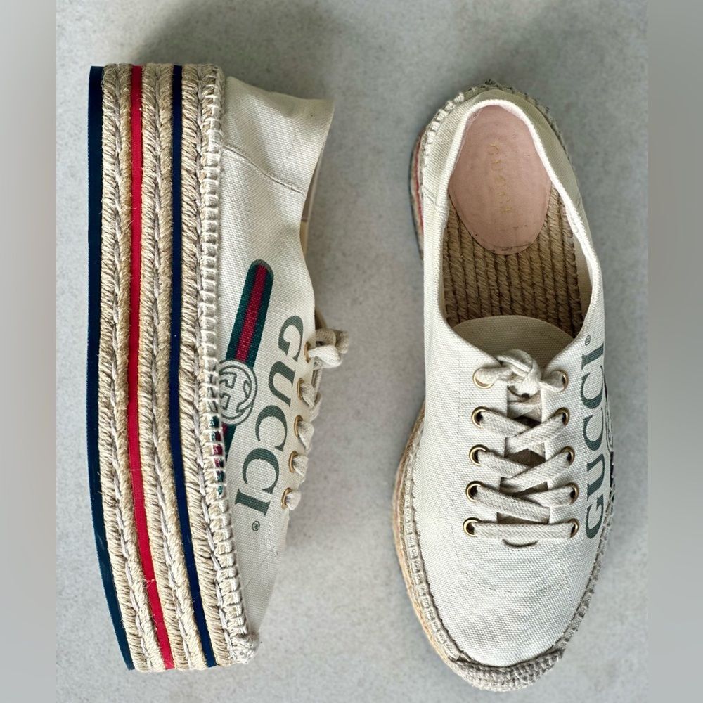 Gucci Cream Canvas Logo Lace-Up Platform Espadrilles Sz 38.5 Collapsible Heels - Picture 10 of 10